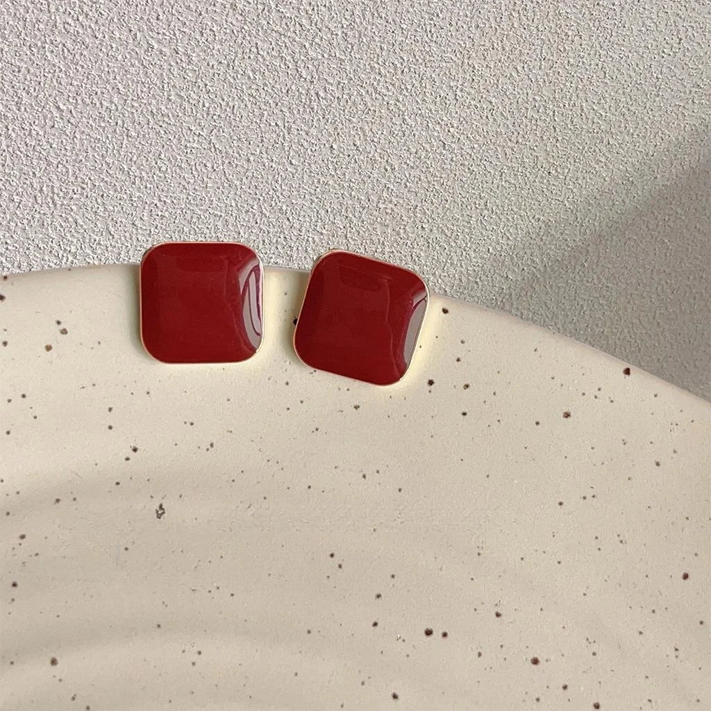 14K Plated Square Burgundy Enamel Stud Earrings Copper Vintage Minimalist
