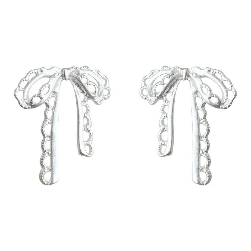 Sweet Lolita Lace Bow Copper Drop Earrings With Matte Silver Plated Pins