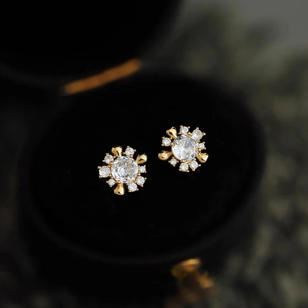 14K Gold Plated Copper Zircon Flower Petal Geometric Stud Earrings Light Luxury Micro Pave Jewelry