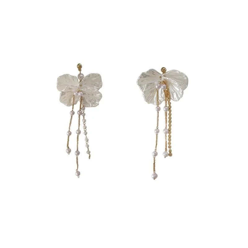 Korean Style Copper Flower Pearl Long Tassel Stud Earrings With 14K Plated Pins