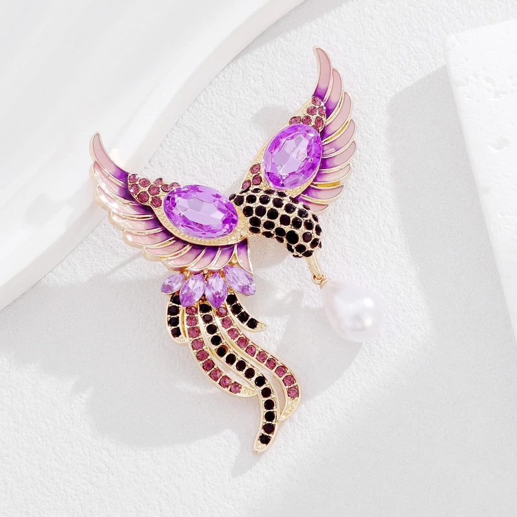 Luxury Phoenix Bird Brooch With Purple Rhinestones, Enamel Wings And Pearl Drop Lapel Pin Suit Accessory