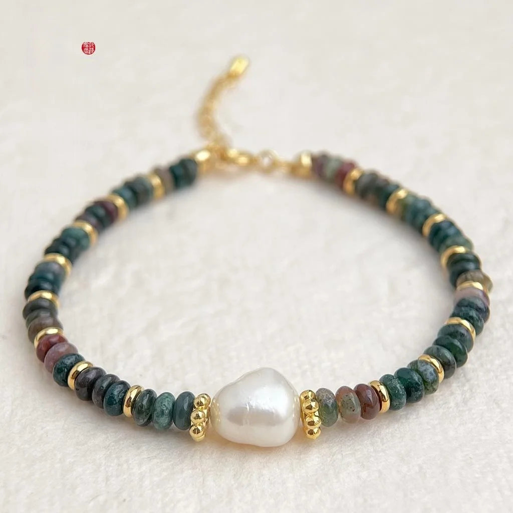 Natural Stone Indian Agate Freshwater Pearl Handmade Ethnic Vintage Geometric Bracelet