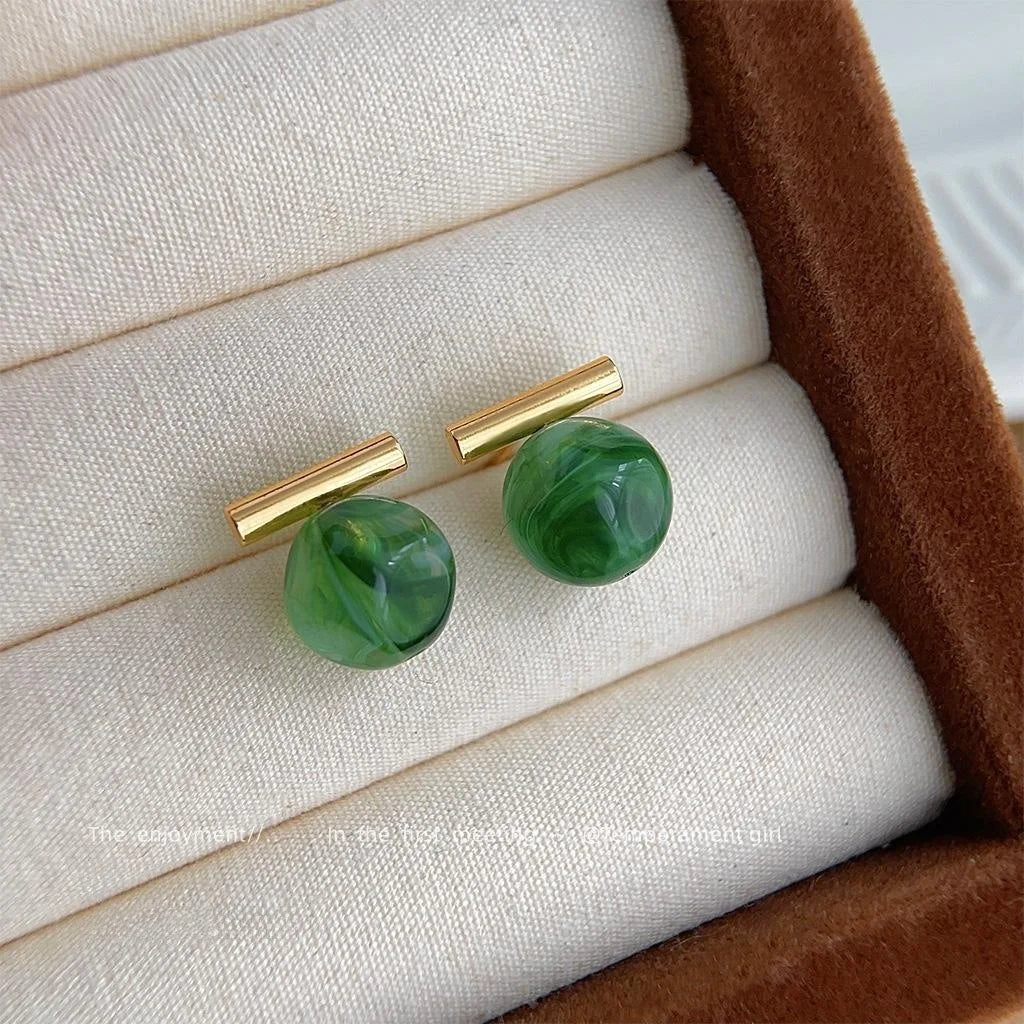 New Chinese Green Gradient Resin Sphere Drop Earrings Vintage Forest Style Geometric Designer Jewelry