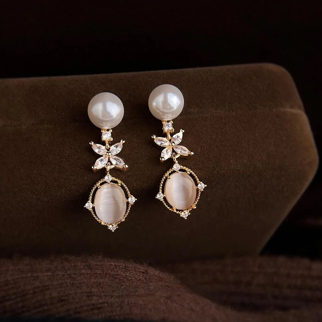 Geometric Glass Cat Eye Stone Zircon Micro Pave Long Drop Earrings