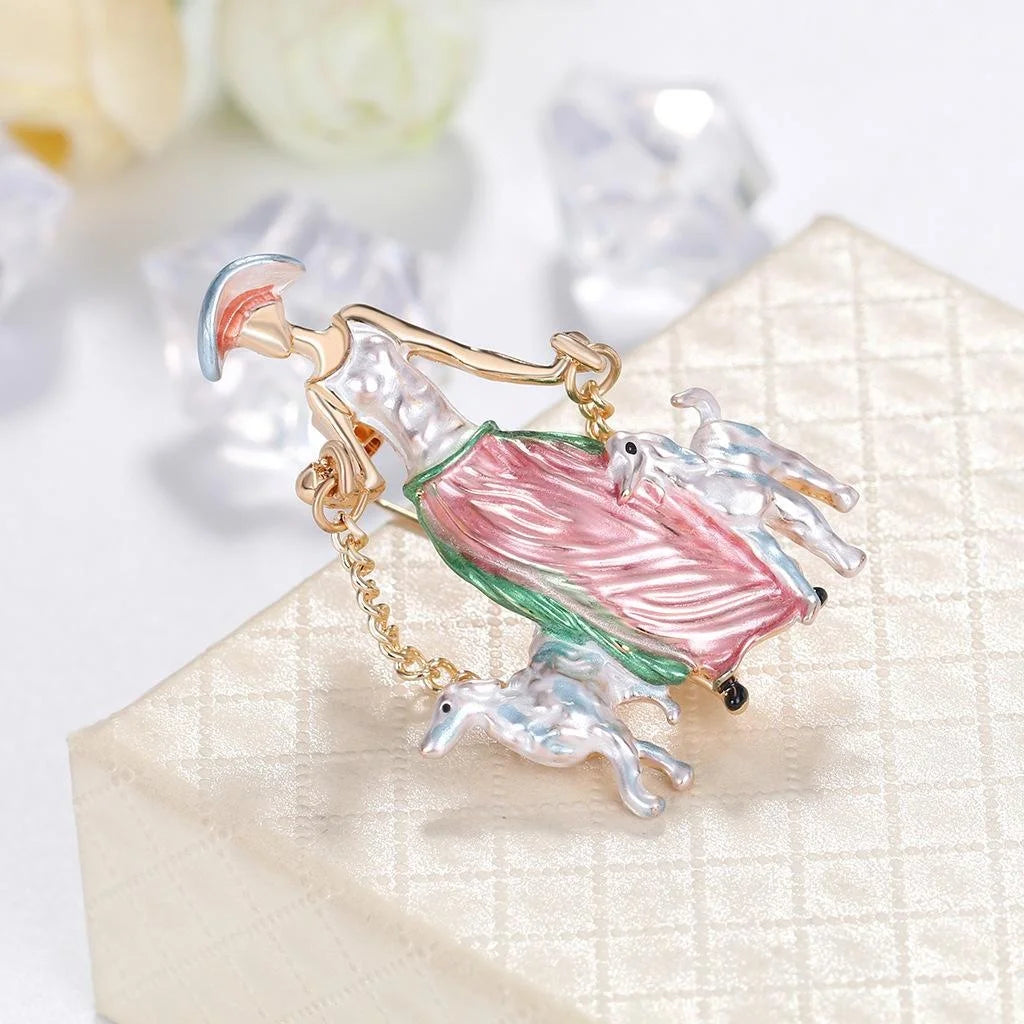 Elegant Enamel Alloy Lady Walking Dogs Brooch, Cute Painted Girl Lapel Pin Corsage Suit Accessory Gift