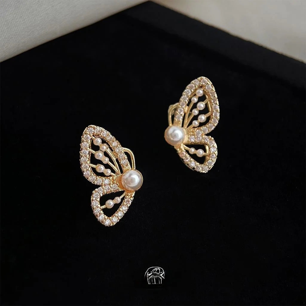 Korean Style 14K Plated Copper Micro Pave Zircon Butterfly Stud Earrings