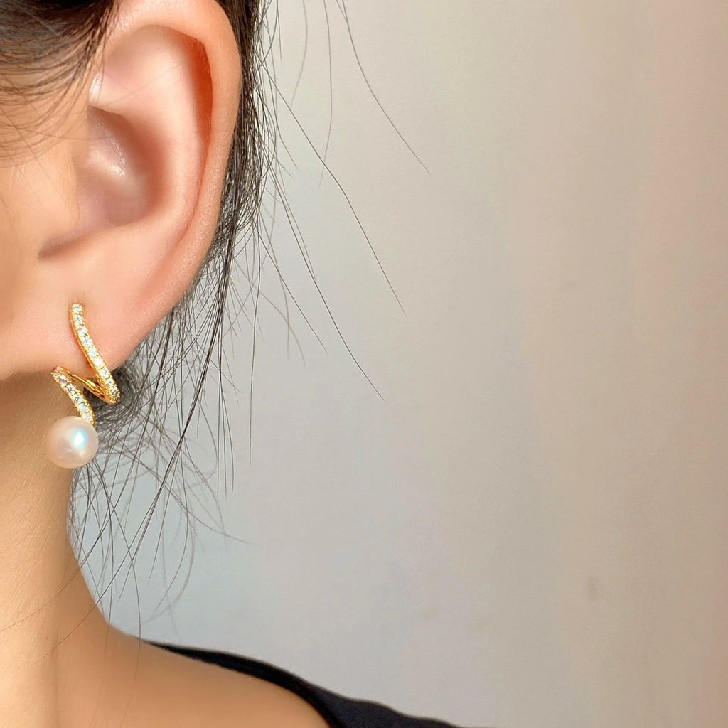 Elegant Zircon Curve Spiral Alloy Freshwater Pearl Stud & Clip On No Piercing Women's Fashion Earrings