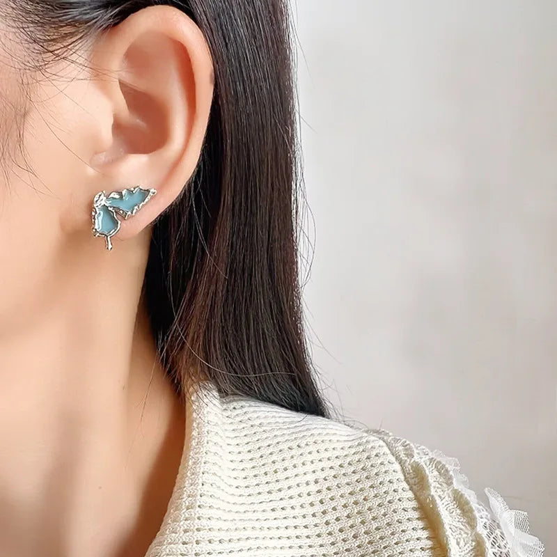 Elegant Blue Enamel Zircon Butterfly Wing Stud & Clip On No Piercing Women's Fashion Party Earrings