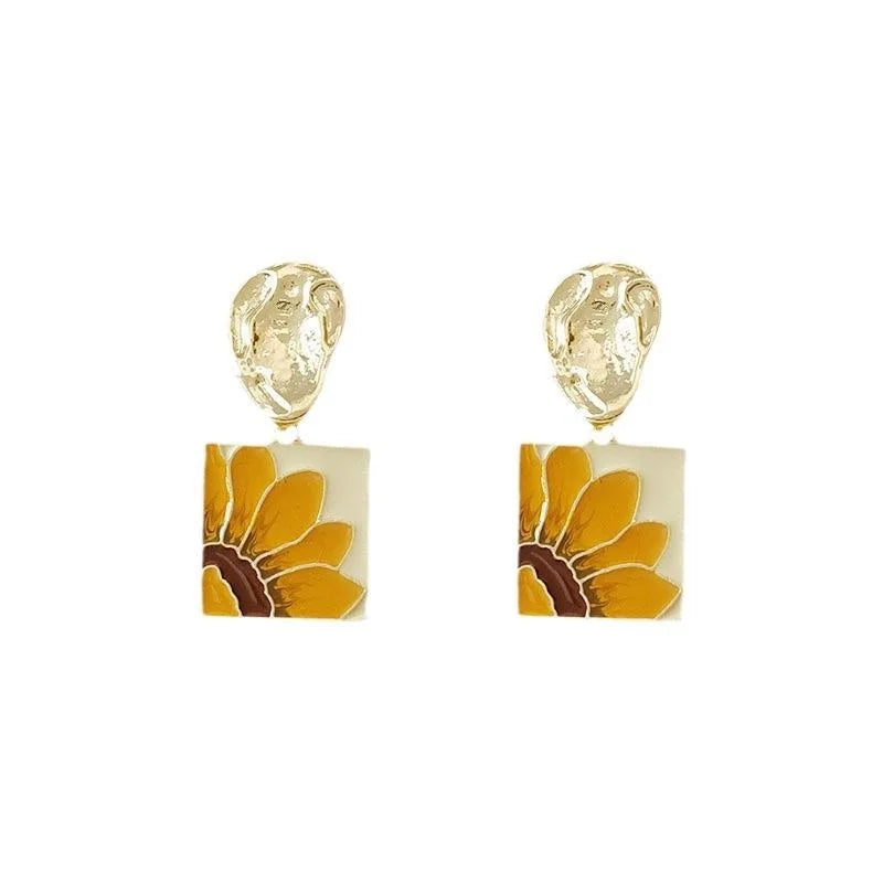 14K Plated Metal Sunflower Floral Stud Earrings With Silver Plated Pins For Women