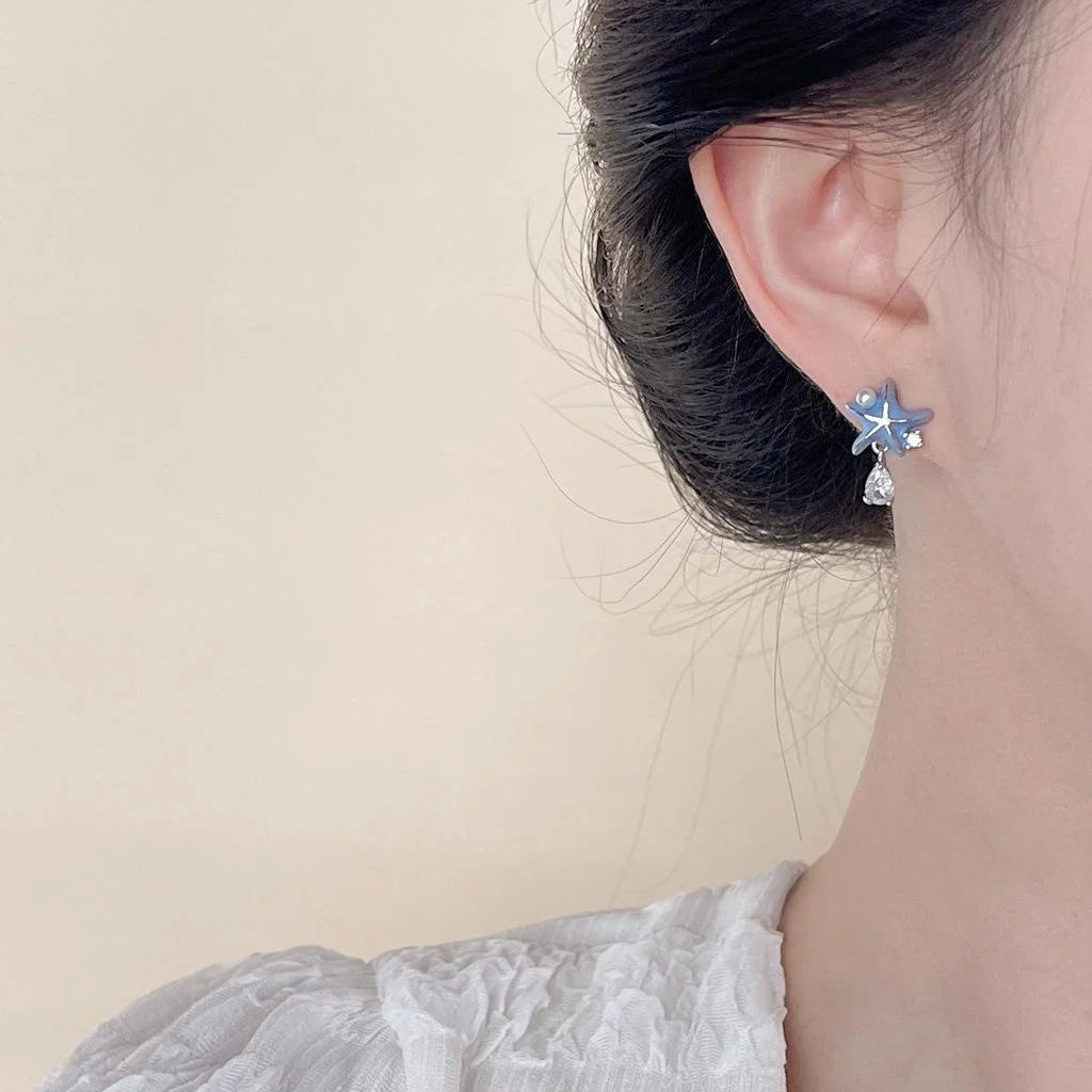 Eco Copper Enamel Starfish Stud Earrings With Micro Pave Zircon Korean Sweet Style