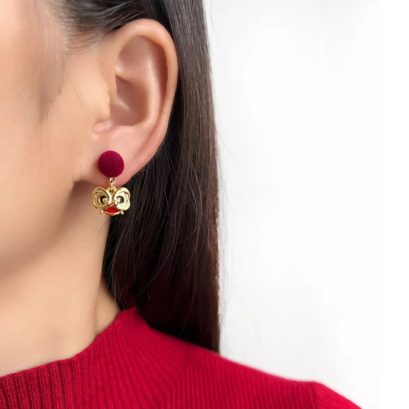 Vintage Chinese Lion Head Red Pom Pom Enamel Fortune Tag Stud & Clip On No Piercing Earrings