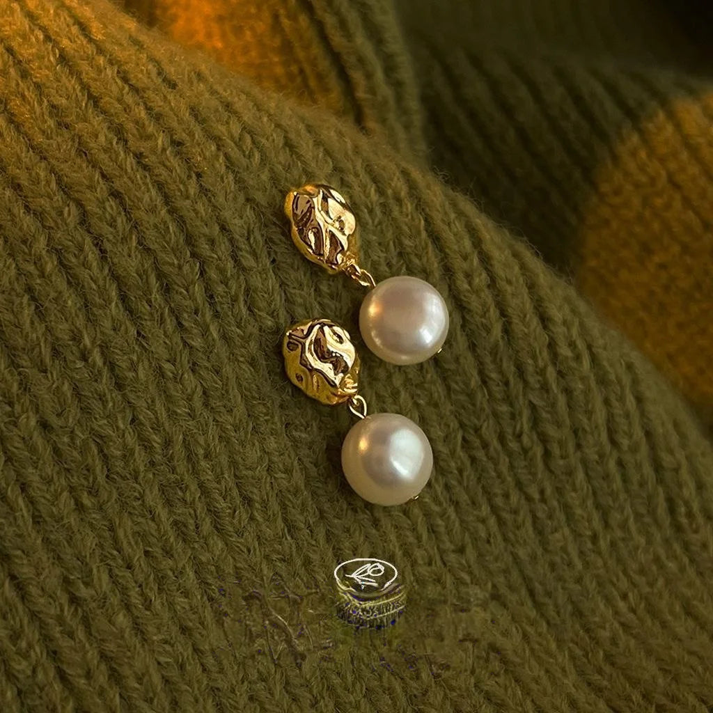 French Vintage Irregular Freshwater Baroque Pearl 14K Silver Plated Copper Drop Earrings