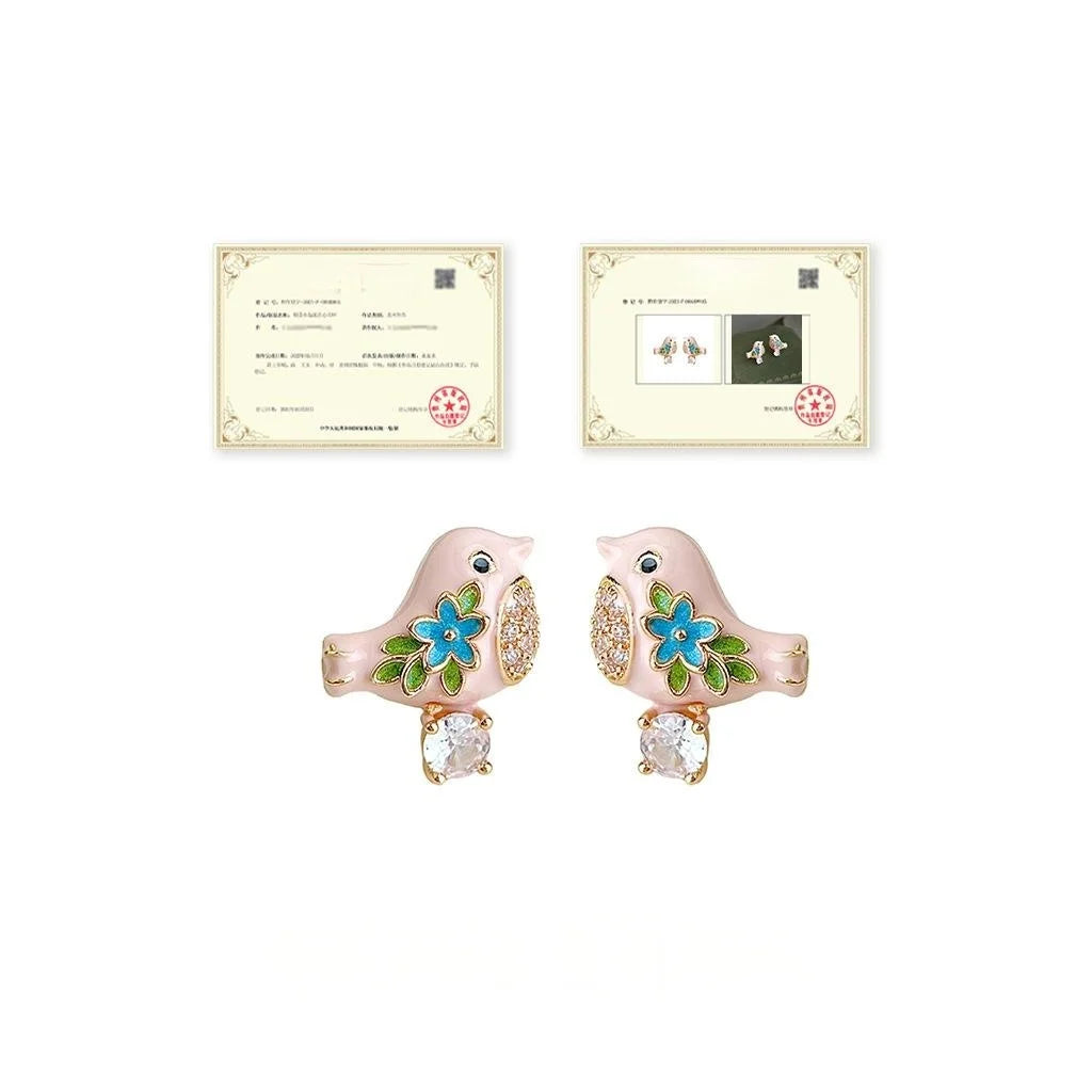 Sweet Cute Enamel Painted Bird Stud Earrings, Copper Micro Pave Zircon