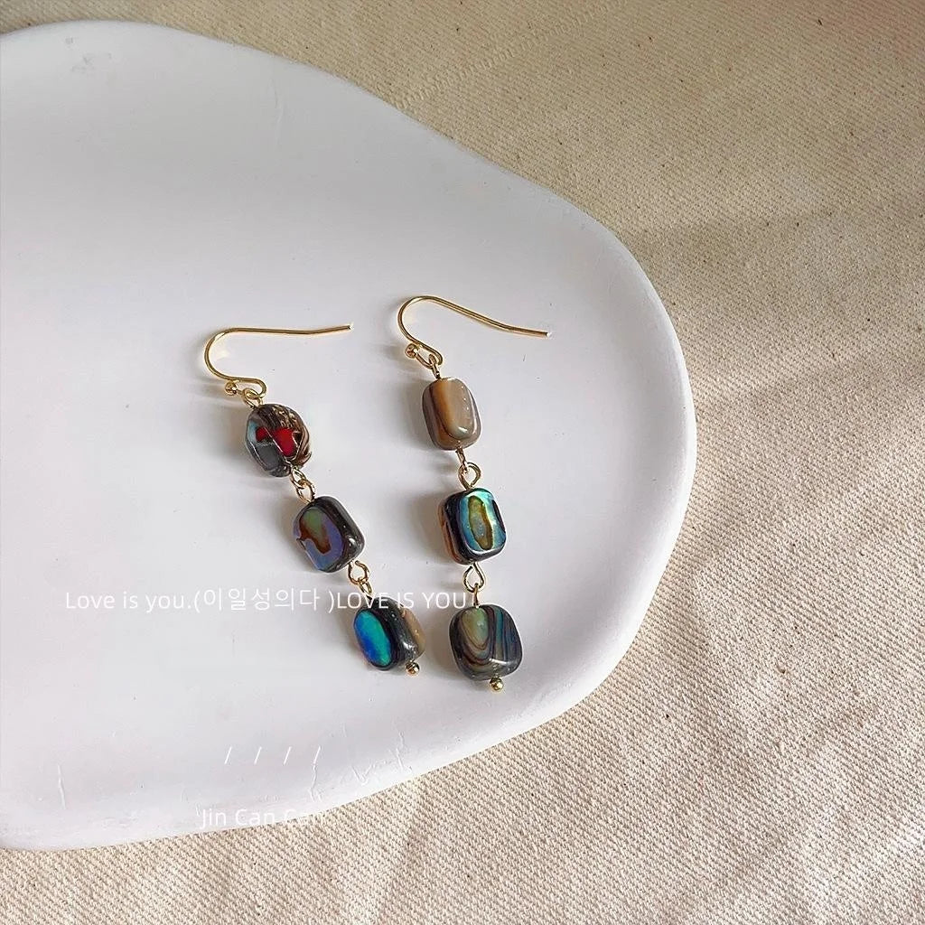Light Luxury Abalone Shell Geometric Tassel Drop Earrings Handmade Long Irregular Jewelry