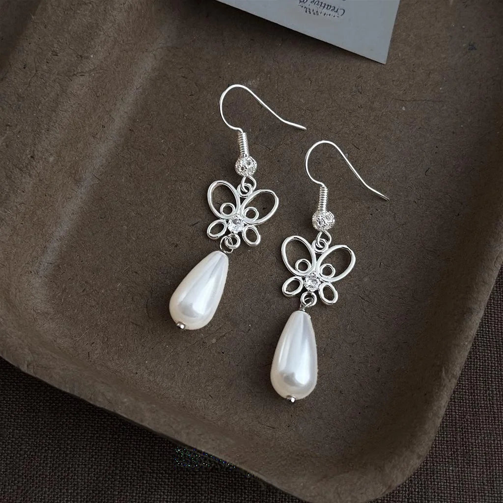 New Chinese Style Eco-Friendly Copper Zircon Butterfly Teardrop Pearl Drop Earrings