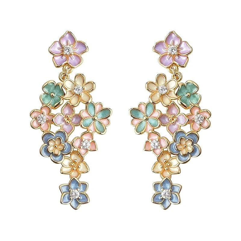 Copper Zircon Painted Enamel Flower Tassel Drop Earrings, Elegant Resort Style