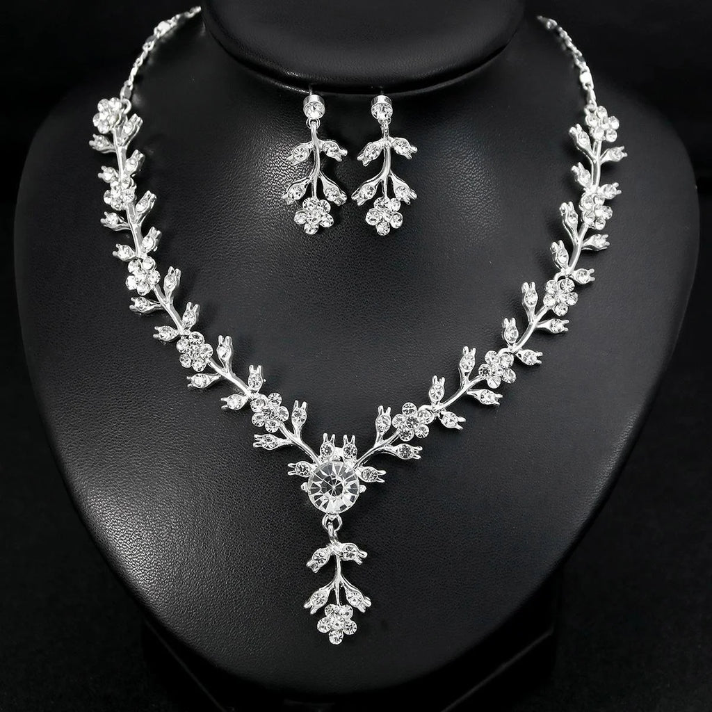 Elegant Silver Alloy Rhinestone Vine Flower Necklace And Earrings Jewelry Set For Bridal Wedding Party Gift