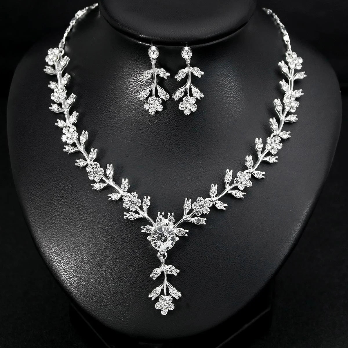 Elegant Silver Alloy Rhinestone Vine Flower Necklace And Earrings Jewelry Set For Bridal Wedding Party Gift