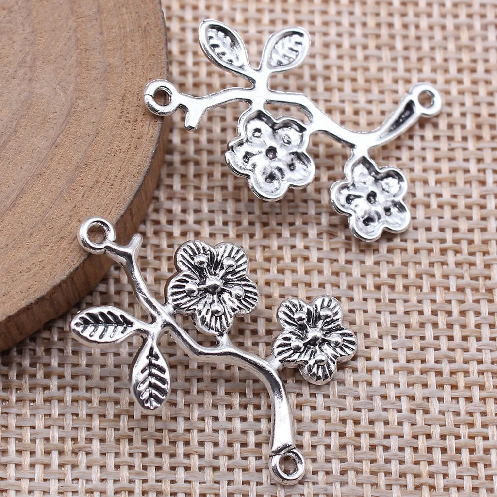 32x24mm 1.5g Antique Silver Zinc Alloy Flower Branch Pendant Connector Charm for DIY Jewelry Making