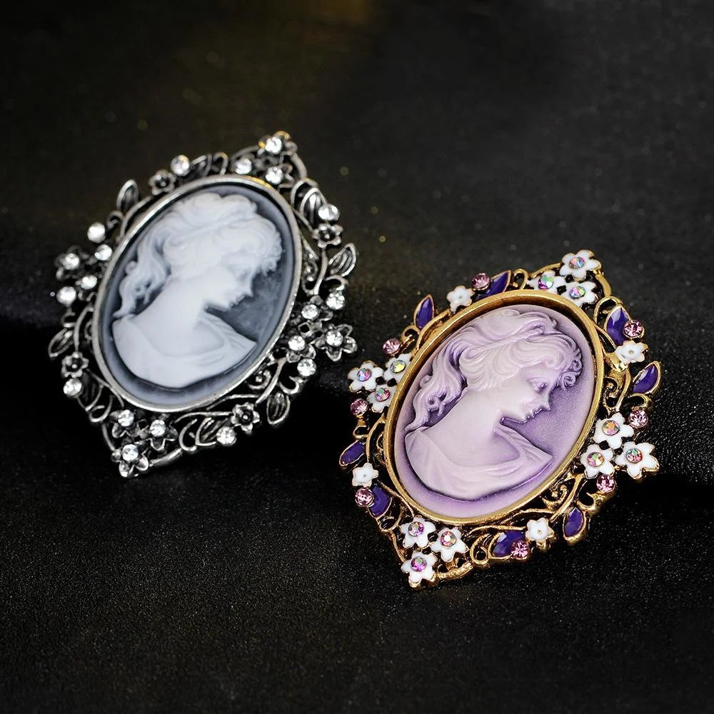 Vintage Queen Cameo Portrait Brooch With Enamel Flowers And Rhinestones, Elegant Lapel Pin Suit Gift