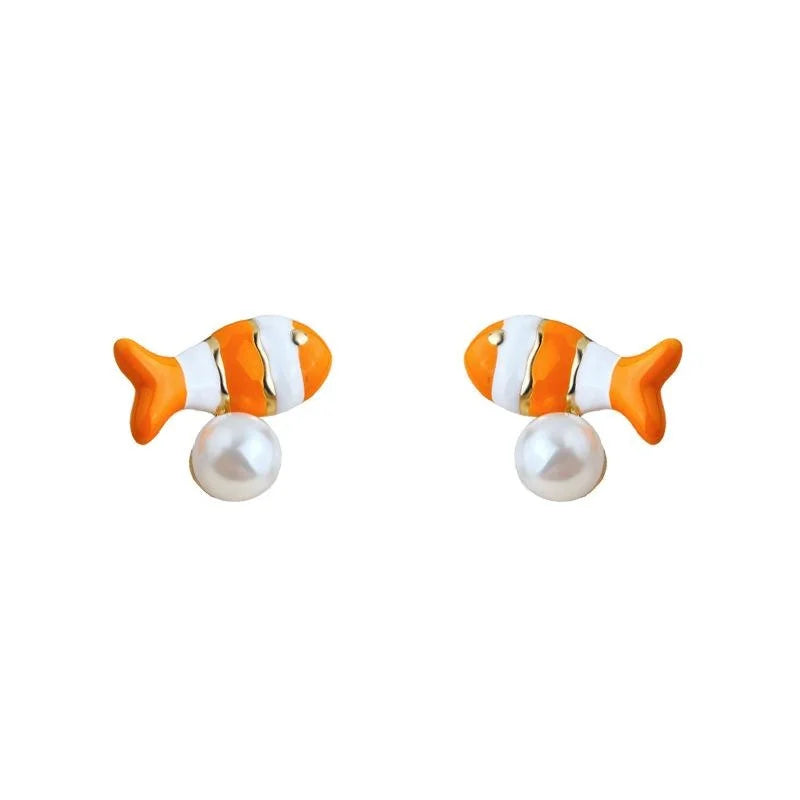 Handmade Enamel Clownfish Stud Earrings Copper Tropical Fish Design Casual Jewelry