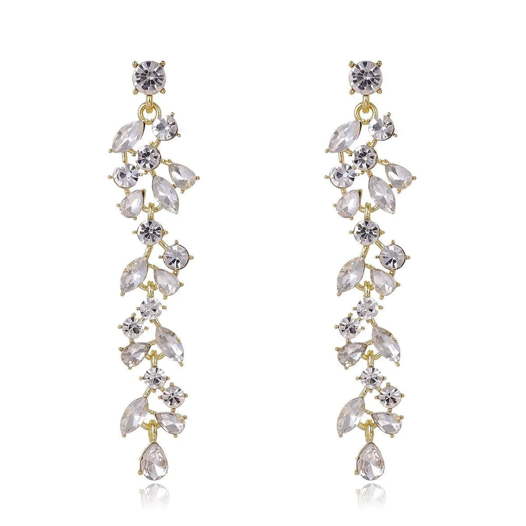 Korean Elegant Long Tassel Drop Earrings With Zircon Rhinestone Petal Design For Wedding Party