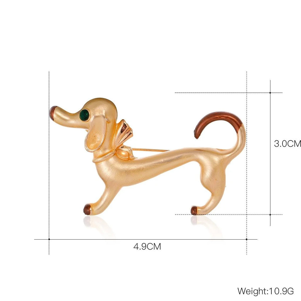 Cute Gold Alloy Dachshund Dog Brooch With Green Rhinestone Eye, Creative Animal Lapel Pin Gift