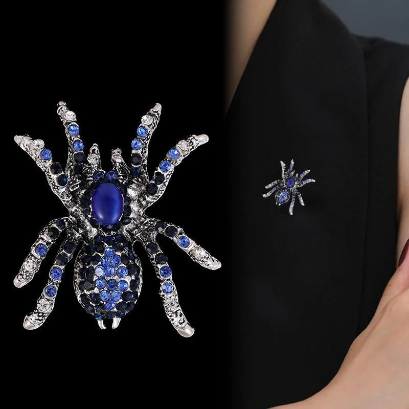 Vintage Blue Rhinestone Spider Brooch Alloy Animal Lapel Pin Luxury Halloween Suit Accessory Gift