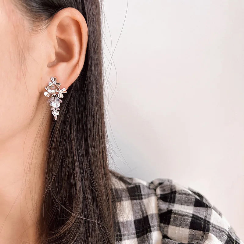 Elegant Zircon Crystal Grape Cluster Floral Tassel Stud & Clip On No Piercing Drop Earrings