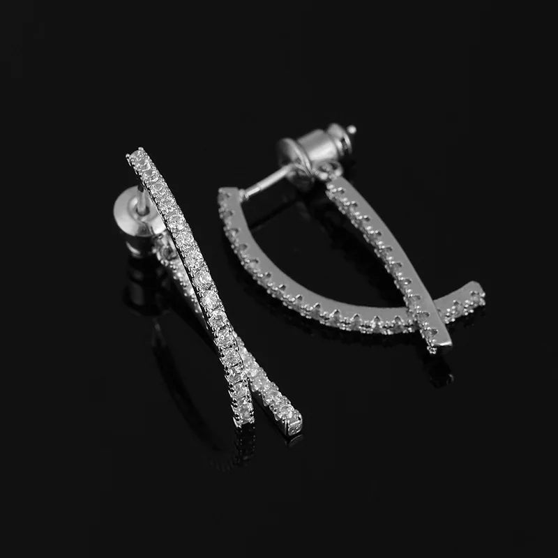 Elegant Gold Alloy Zircon Spiral Disc Cross Drop Stud & Clip On No Piercing French Slim Earrings