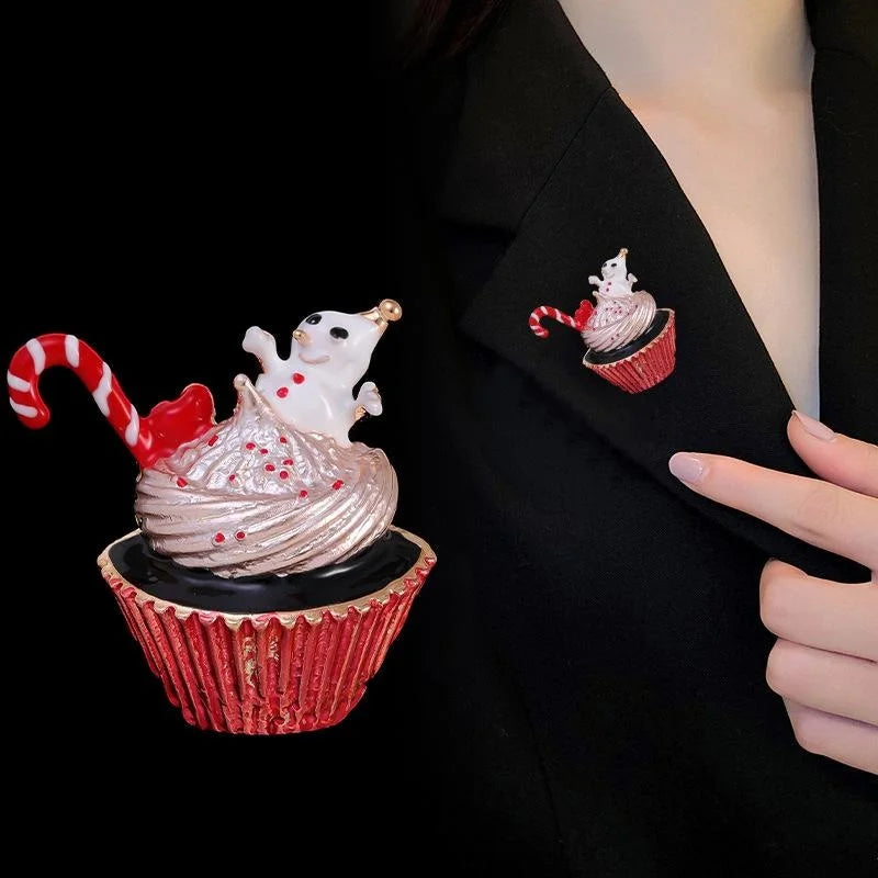 Cute Enamel Christmas Cupcake Snowman Candy Cane Brooch With Rhinestones, Festive Lapel Pin Corsage Gift