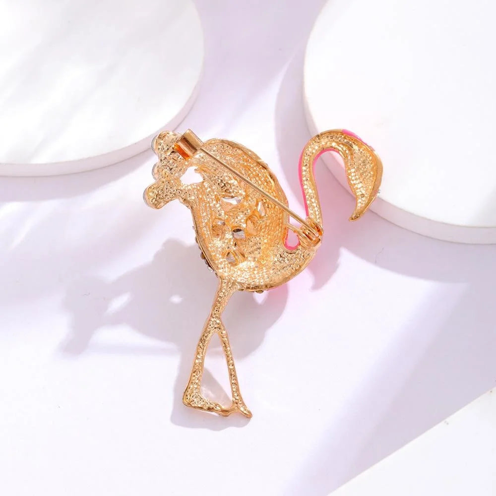 Elegant Pink Enamel Flamingo Brooch With Rhinestone Wings, Alloy Bird Lapel Pin Corsage Gift