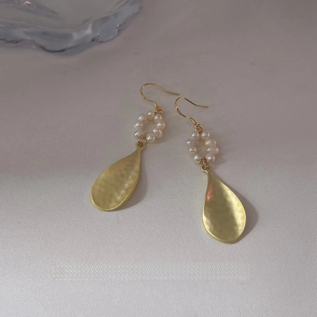Vintage Silver Plated Freshwater Pearl Oval Drop Earrings Handmade Long Geometric Jewelry