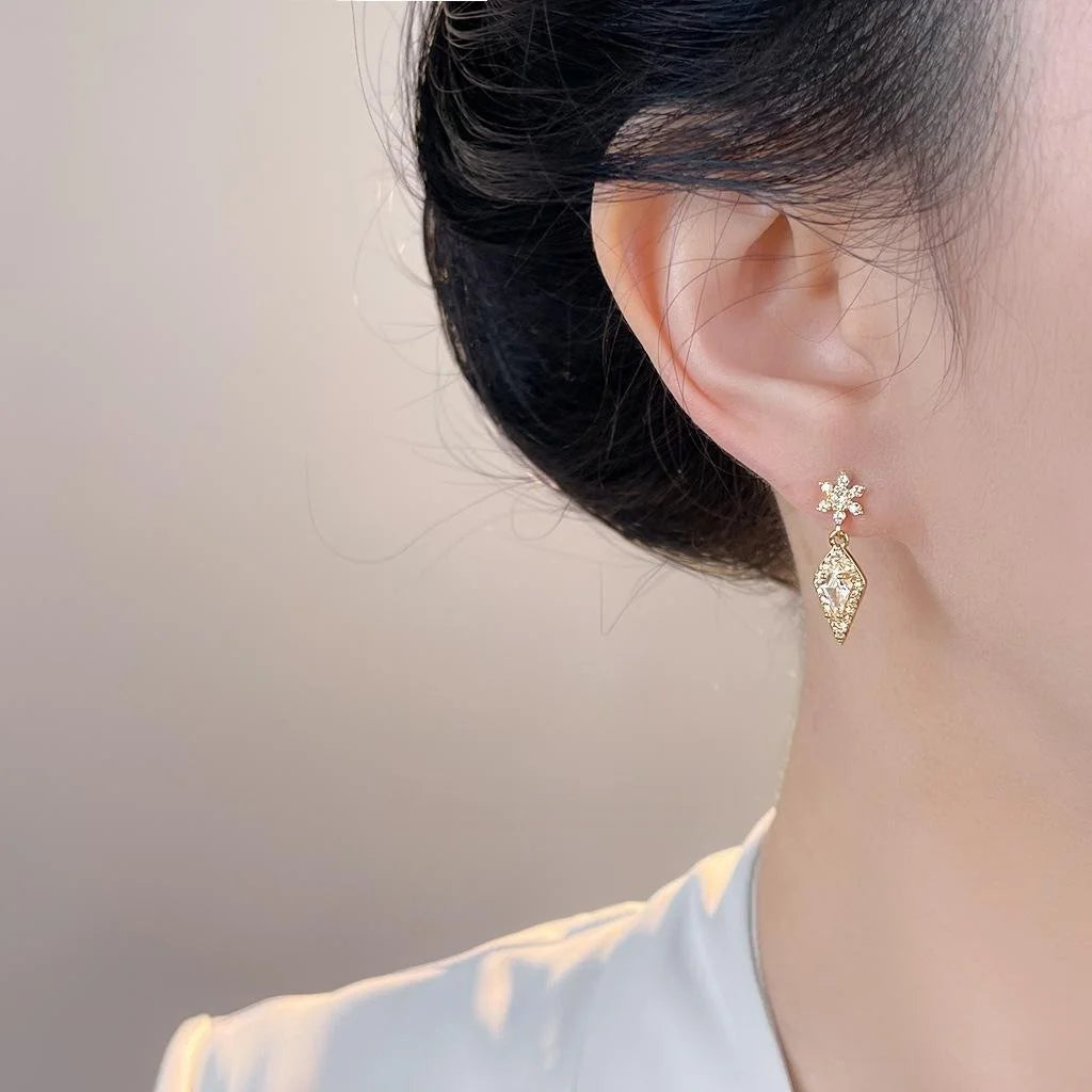 Light Luxury Snowflake Star Zircon Micro Pave Copper Drop Earrings
