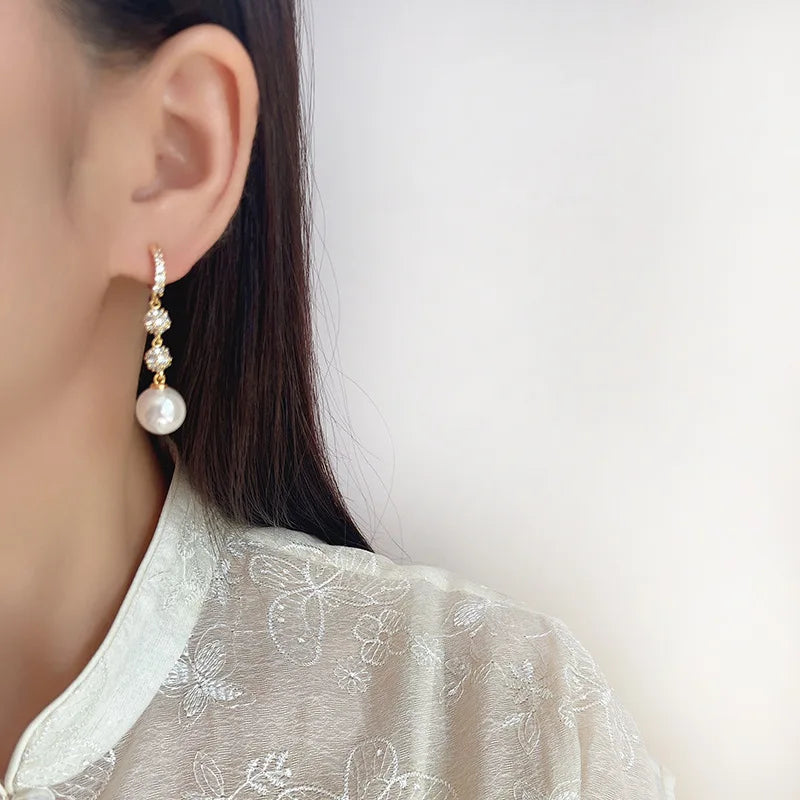 Elegant Zircon Pave Spiral Disc Pearl Drop Stud & Clip On No Piercing Long Dangle Earrings