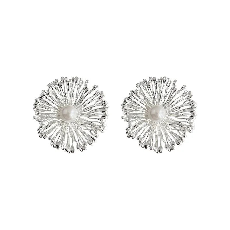 Designer Oversized Floral Glass Pearl Copper Drop Earrings With Ruffle Petal Luxury Style