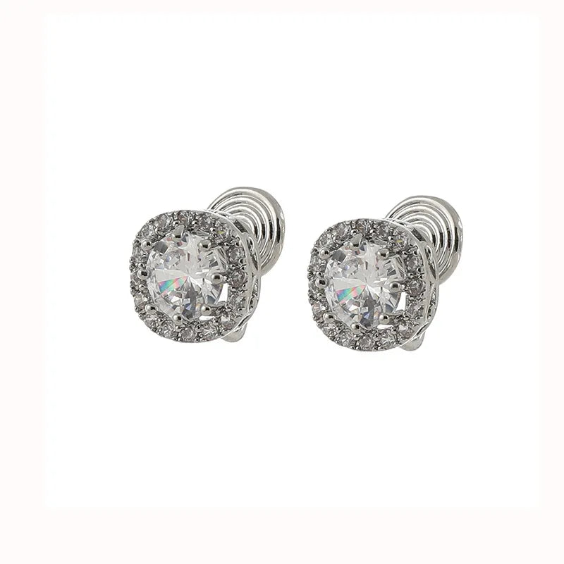 Elegant Square Halo Zircon Stud & Clip On No Piercing For Women Luxury Sparkling Alloy Earrings