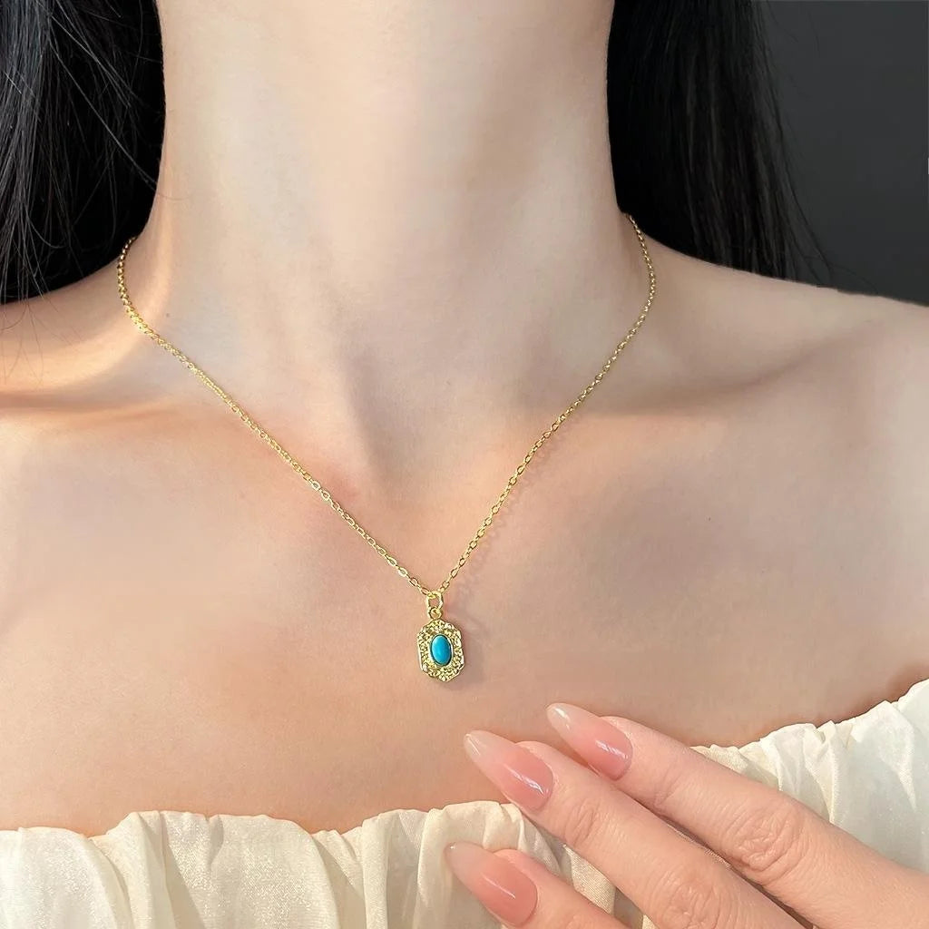 18K Gold Plated Copper Synthetic Turquoise Geometric Vintage Minimalist Collarbone Necklace