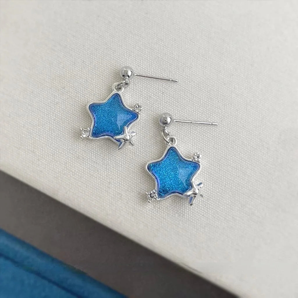 Fresh Sweet Blue Star Drop Earrings Copper Silver Plated Pin Niche Designer Jewelry For Women