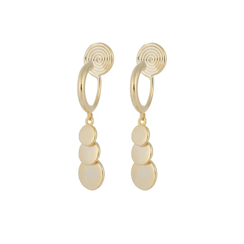 Elegant Gold Alloy Spiral Disc Long Drop Stud & Clip On No Piercing Minimalist Commuter Earrings