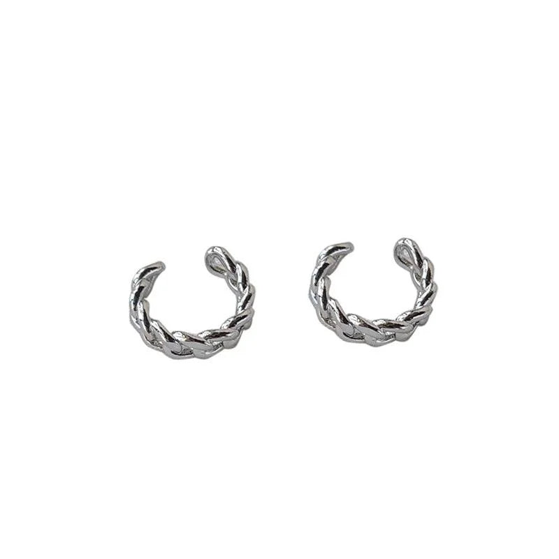 Silver Tone Copper Geometric Woven Hollow Chain Ear Cuff Drop Earrings No Piercing Korean Style