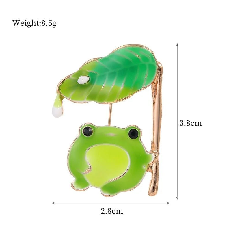 Cute Enamel Frog Under Lotus Leaf Brooch, Gold Tone Alloy Animal Lapel Pin Corsage Suit Accessory Gift