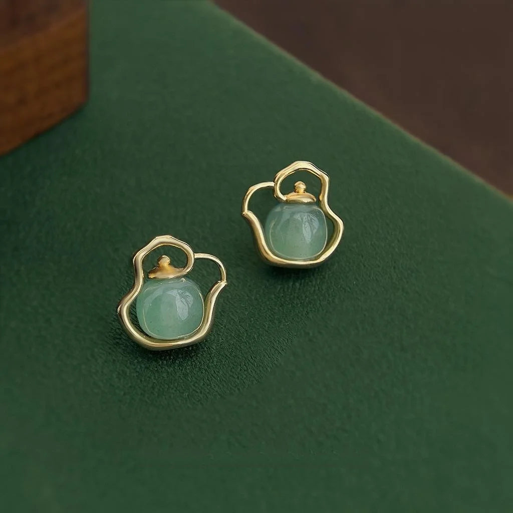 Designer Natural Aventurine Jade Teapot Stud Earrings 14K Plated Copper New Chinese Jewelry
