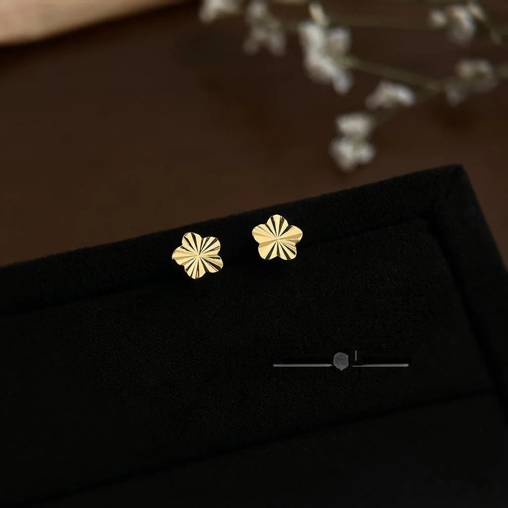 18K Gold Plated Copper Flower Stud Earrings, Mini Faceted Light Luxury Style