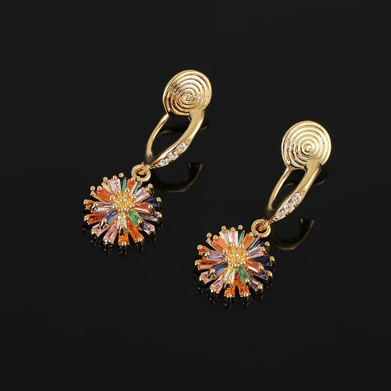 Luxury Colorful Zircon Daisy Flower Drop Stud & Clip On No Piercing Gold Alloy Spiral Hoop Earrings