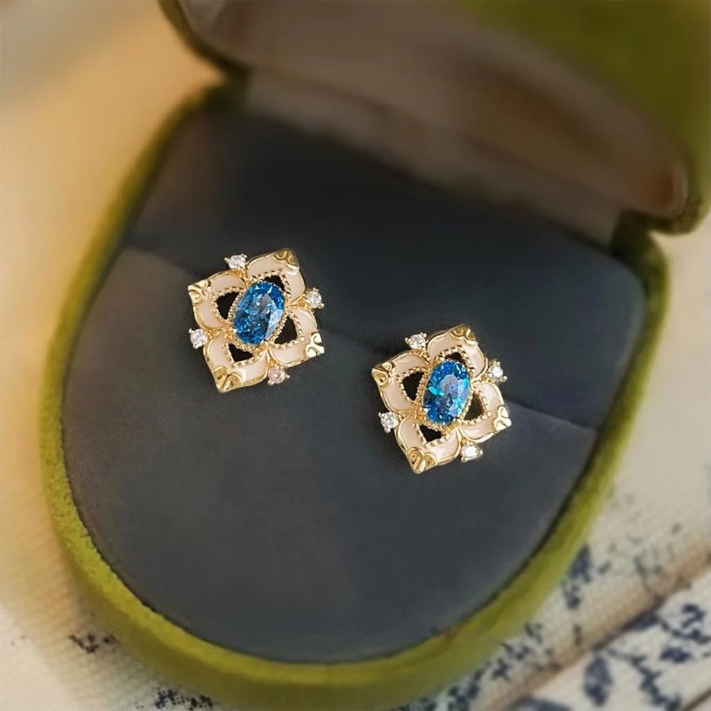 Light Luxury Aquamarine Enamel Floral Geometric Zircon Copper Stud Earrings