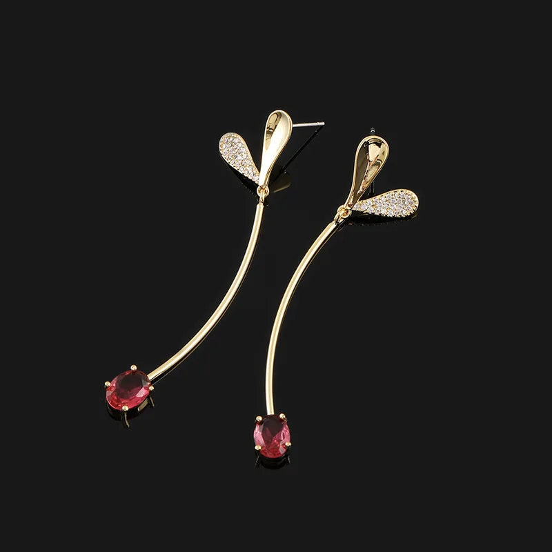 Elegant Long Curved Tassel Heart Spiral Alloy Rhinestone Ruby Crystal Stud & Clip On No Piercing Earrings