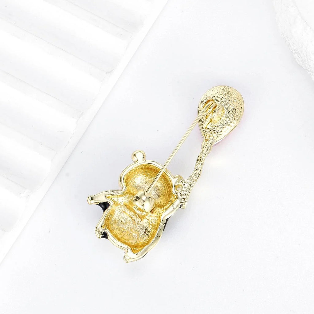 Cute Enamel Panda Holding Pink Rhinestone Balloon Brooch, Gold Tone Alloy Lapel Pin Corsage Gift