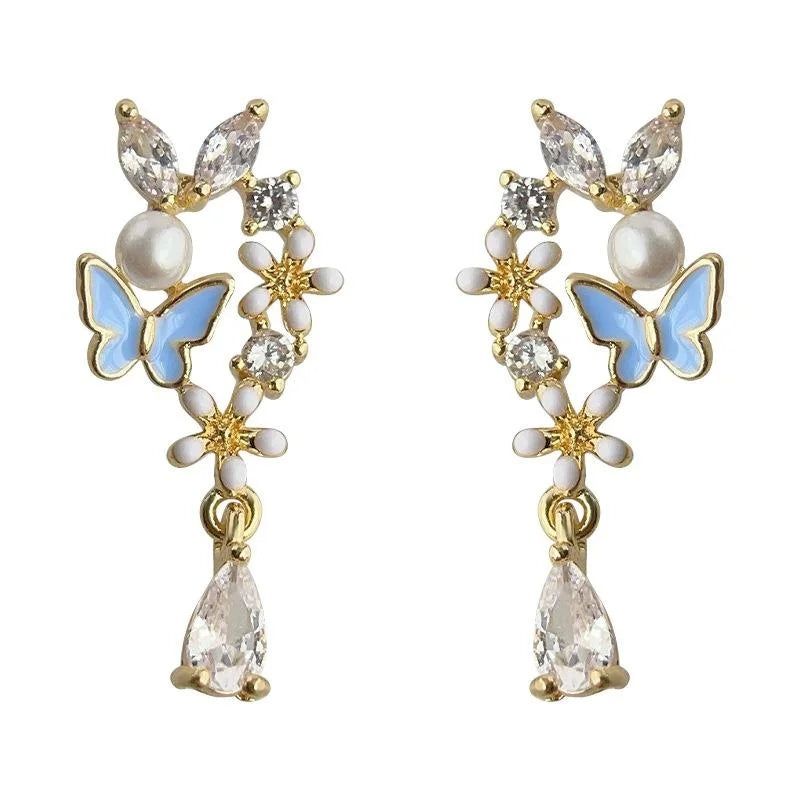 Forest Style Copper Pearl Zircon Butterfly Flower Drop Earrings For Women
