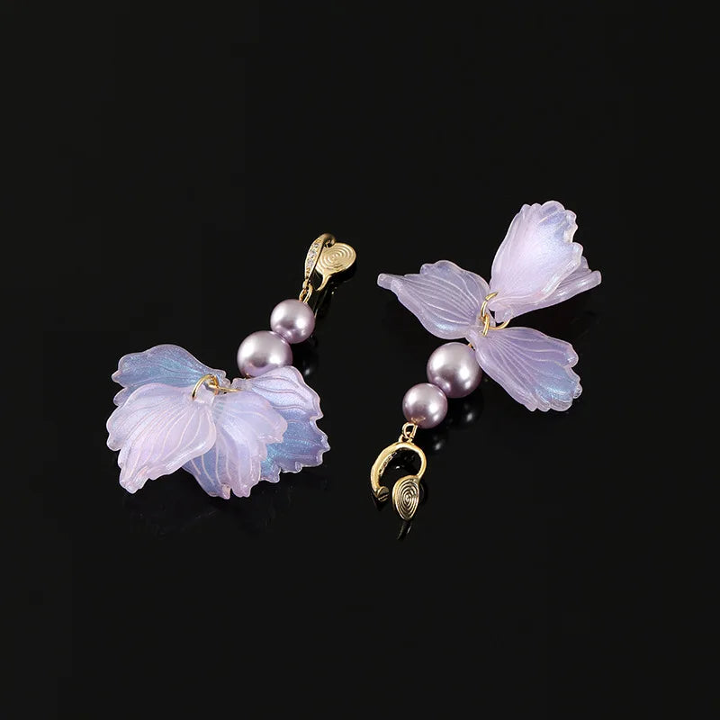 Elegant Handmade Purple Flower Petal Pearl Tassel Alloy Stud & Clip On No Piercing Drop Earrings